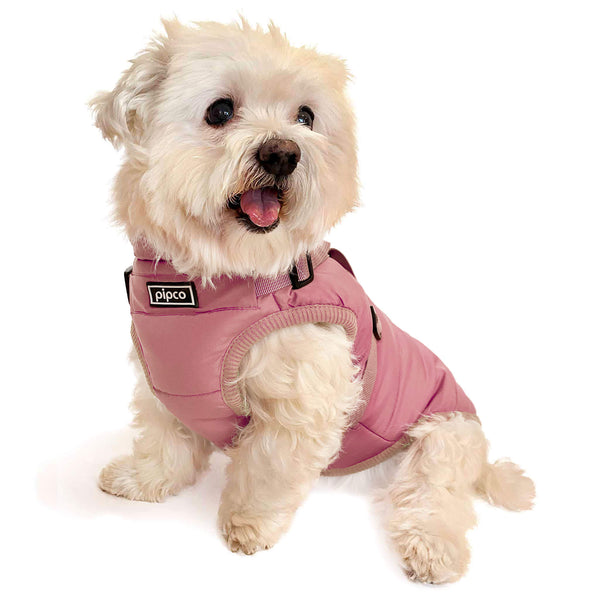 Load image into Gallery viewer, Dog wearing dusty rose pink Pipco Puffer Jacket Australia with built-in harness
