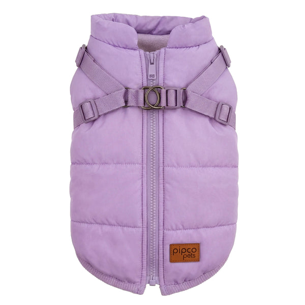 Load image into Gallery viewer, Lilac purple dog puffer vest with zipper and built-in harness on a white background

