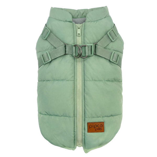 Load image into Gallery viewer, Sage green puffer dog vest with zipper and built-in harness  on a white background
