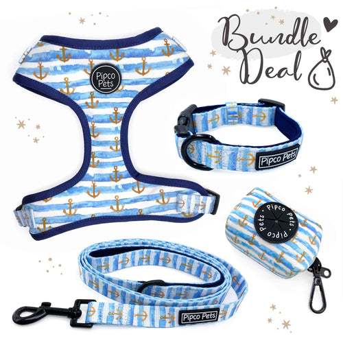 Bundle set including Pipco Pets dog harness, collar, lead, and poo bag dispenser with matching blue Sailor pattern