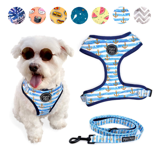 Load image into Gallery viewer, Combo set including Pipco Pets dog harness and leash with matching Sailor Pup anchors print in blue
