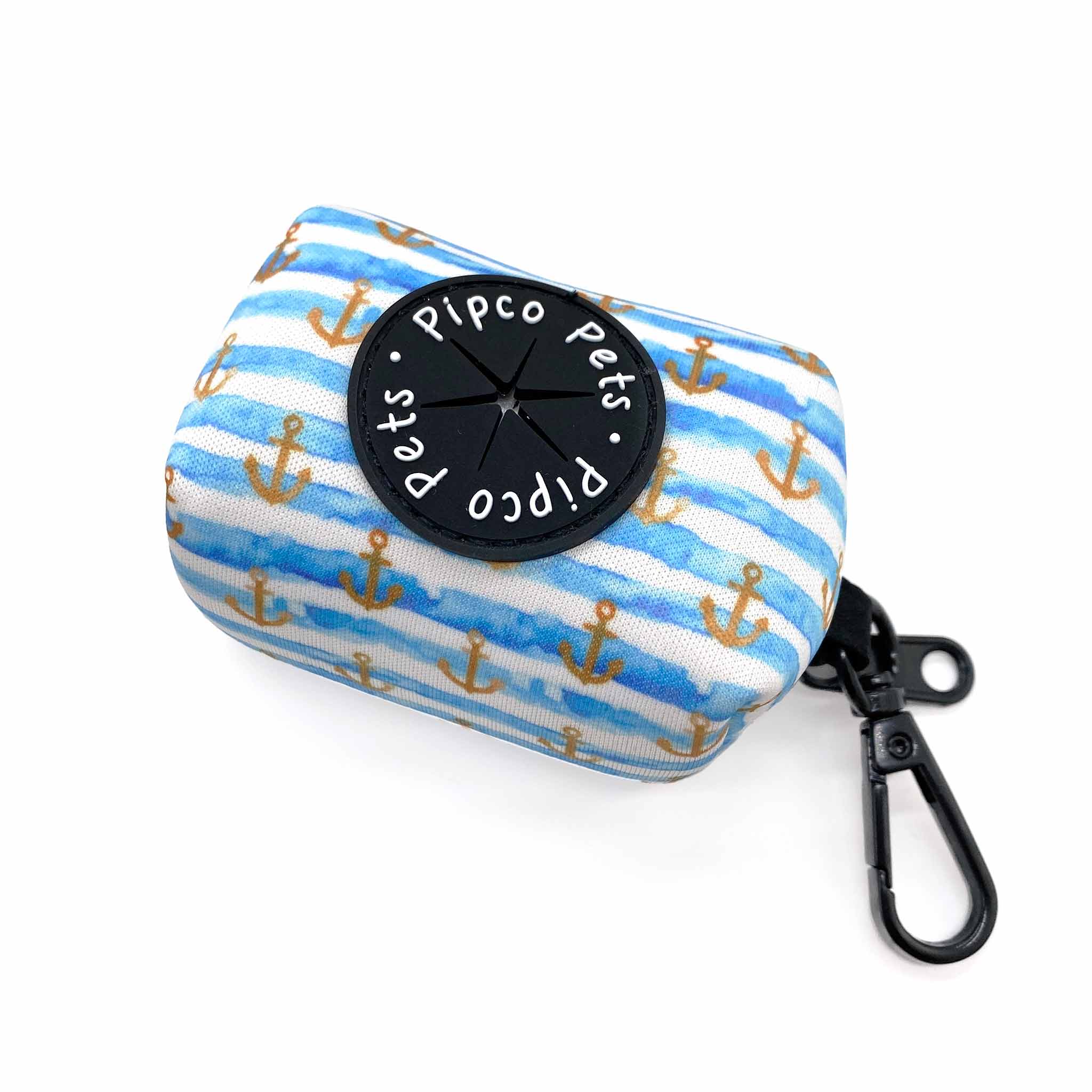 Pipco Pets dog poo bag holder with Pipco Pets anchors print pattern in blue