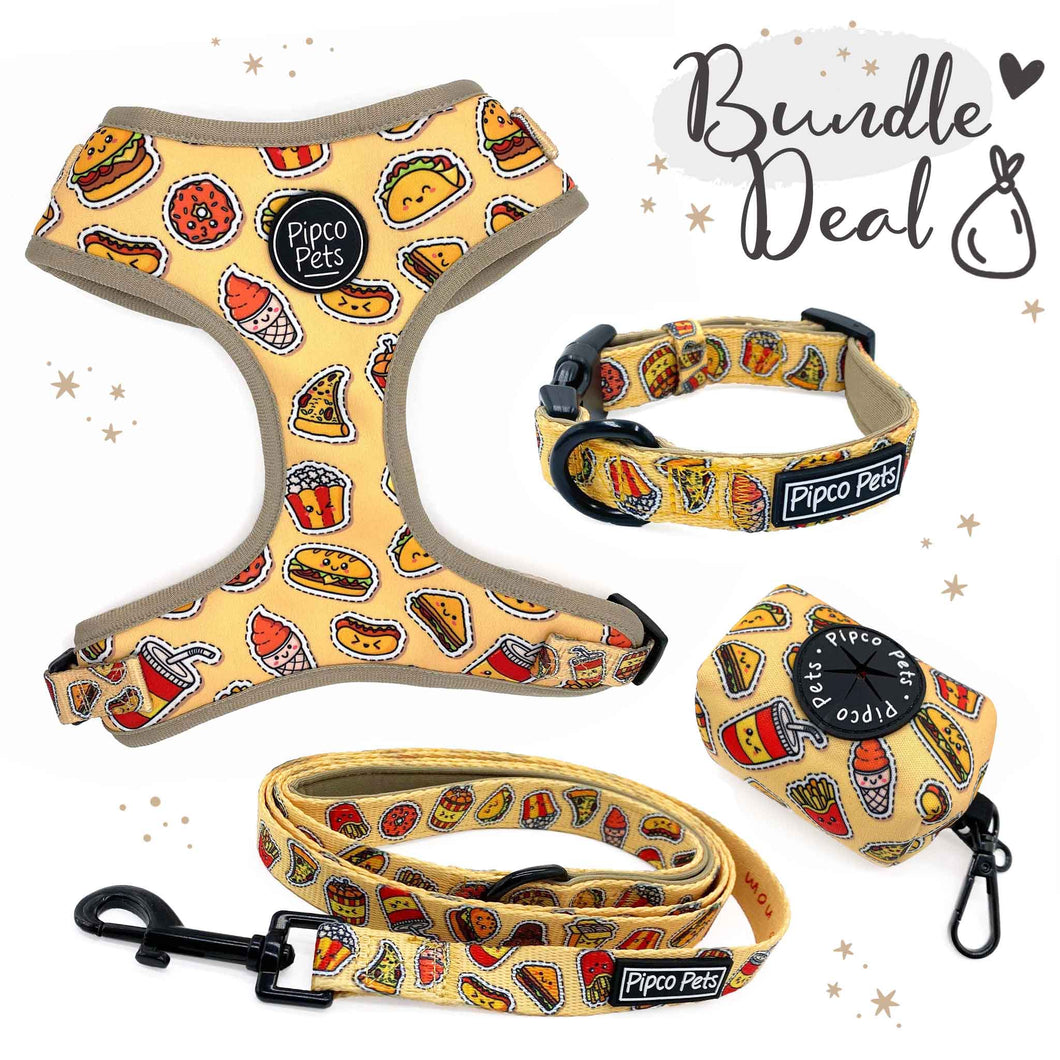 Bundle set including Pipco Pets dog harness, collar, lead, and poo bag dispenser with matching yellow Snacks print