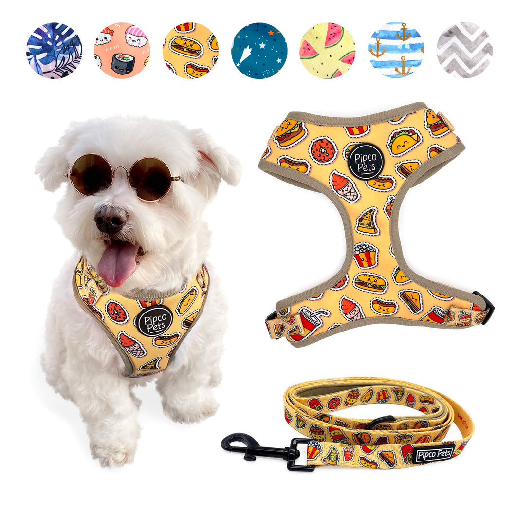 Combo set including Pipco Pets dog harness and leash with matching Snack Pack junk food print in yellow
