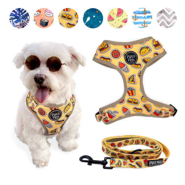 Load image into Gallery viewer, Combo set including Pipco Pets dog harness and leash with matching Snack Pack junk food print in yellow
