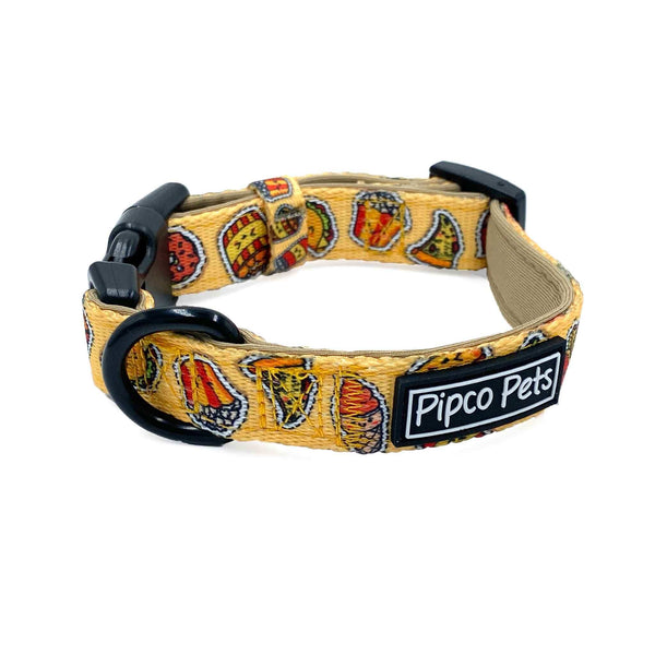 Load image into Gallery viewer, Pipco Pets dog collar with Snack Pack junk food print pattern in yellow
