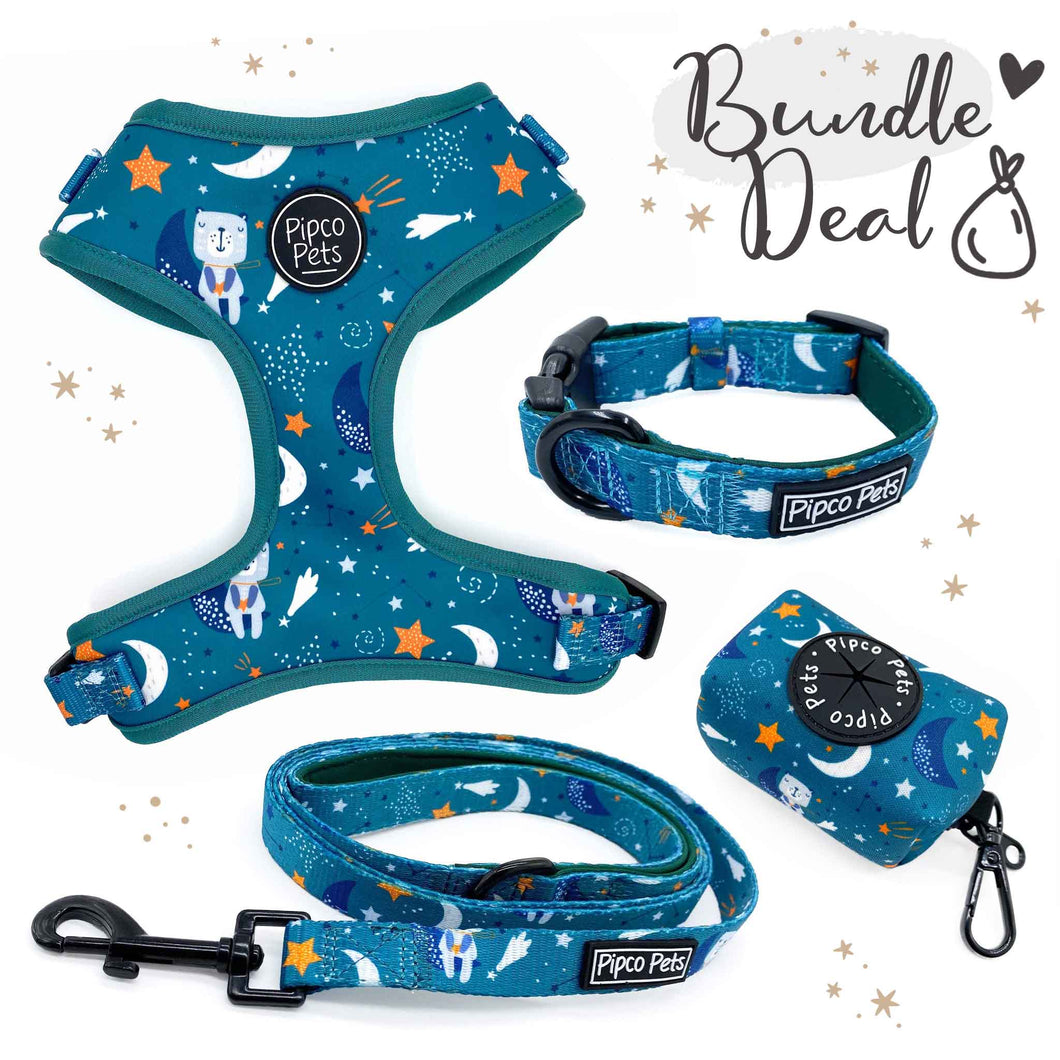 Bundle set including Pipco Pets dog harness, collar, lead, and poo bag dispenser with matching Starry Night outer space and stars print pattern in teal
