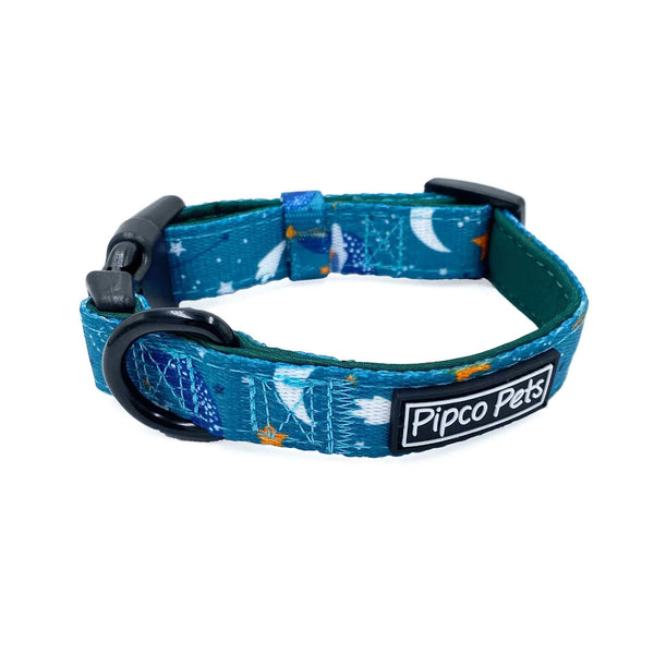 Load image into Gallery viewer, Pipco Pets dog collar with Starry Night outer space and stars print pattern in teal
