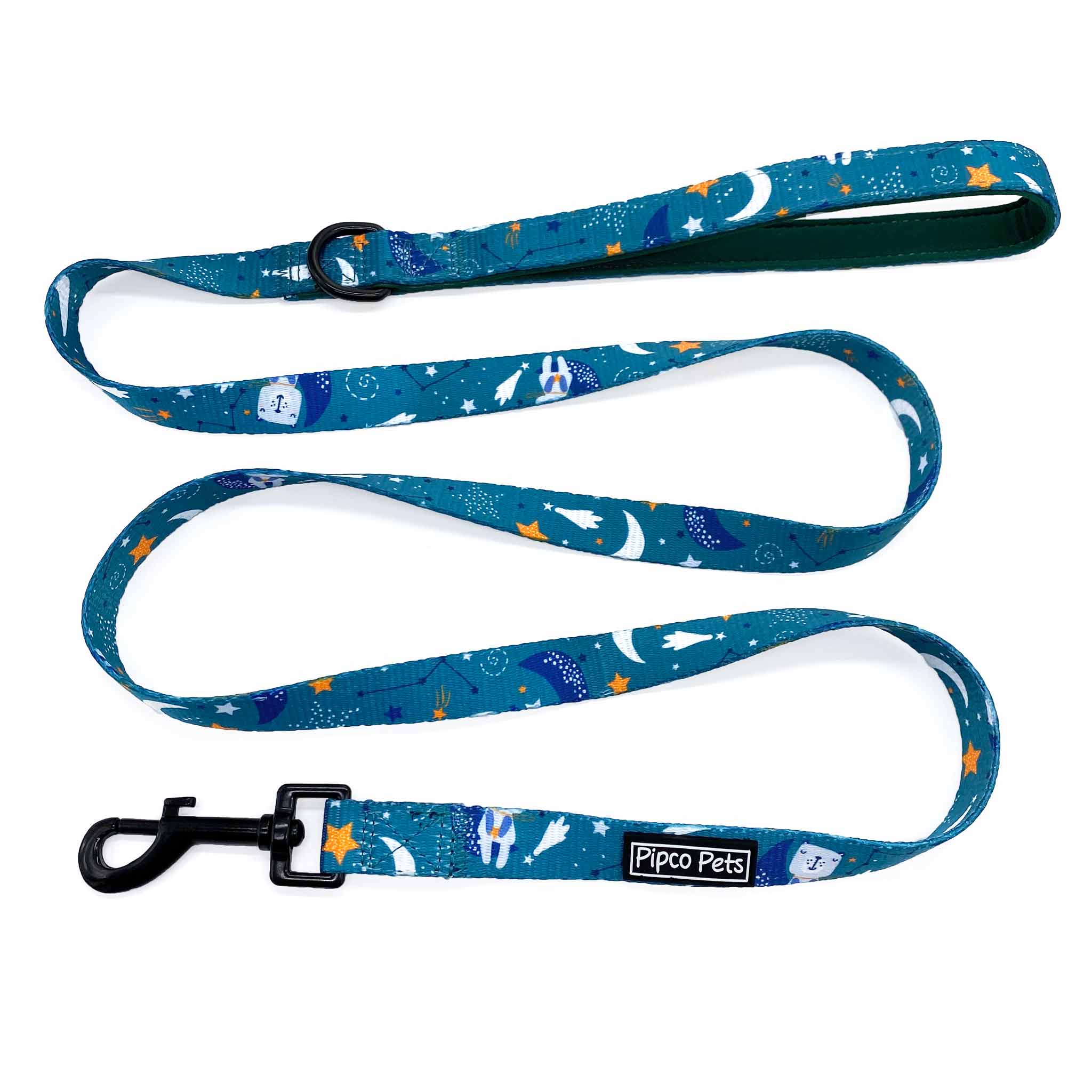 Pipco Pets dog leash with Starry Night outer space and stars print pattern in teal
