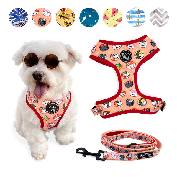 Load image into Gallery viewer, Combo set including Pipco Pets dog harness and leash with matching Sushi Train print in coral pink
