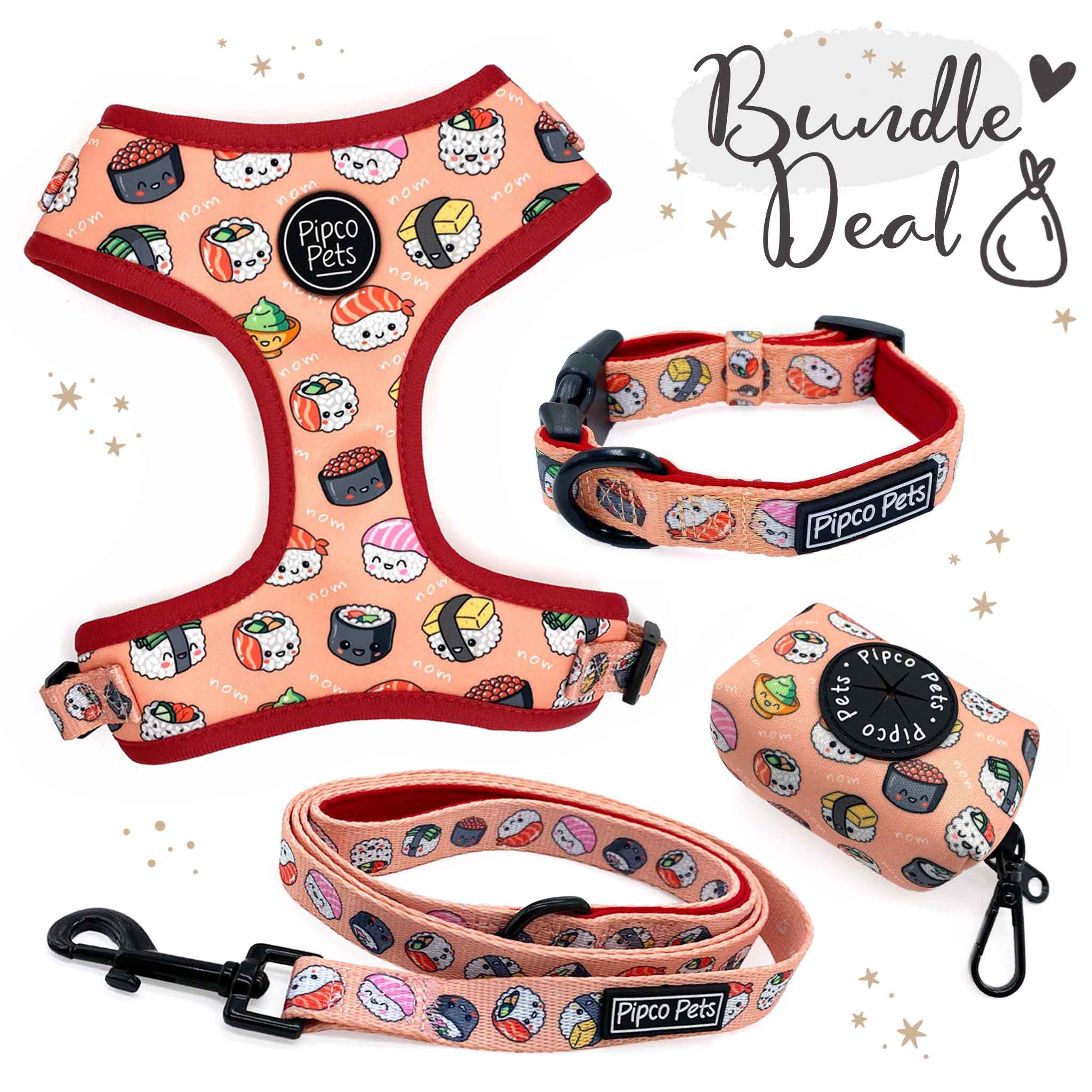 Bundle set including Pipco Pets dog harness, collar, lead, and poo bag dispenser with matching Sushi Train print in pink