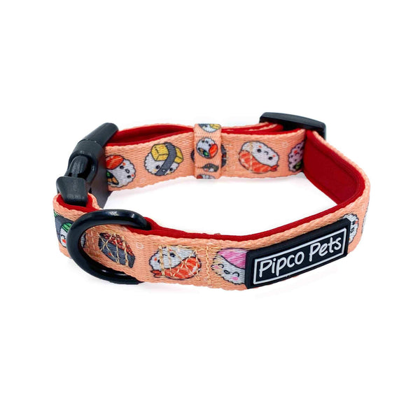 Load image into Gallery viewer, Pipco Pets dog collar with Sushi Train print pattern in pink
