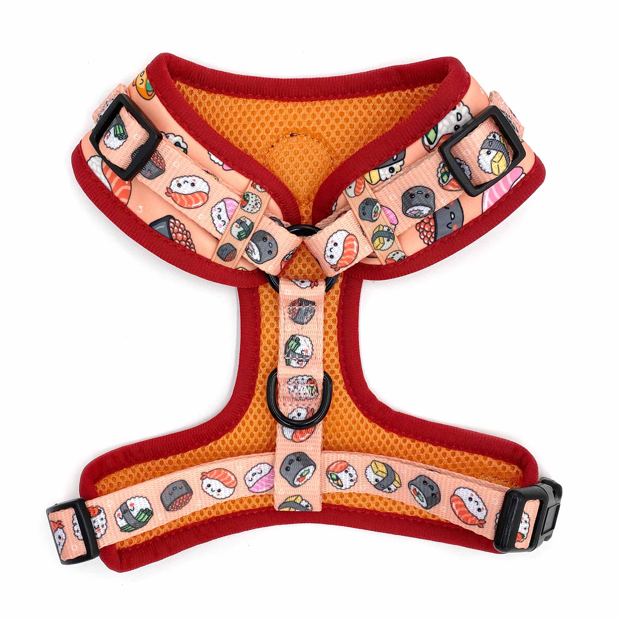 Back view of Pipco Pets adjustable dog harness with Sushi Train print pattern in pink