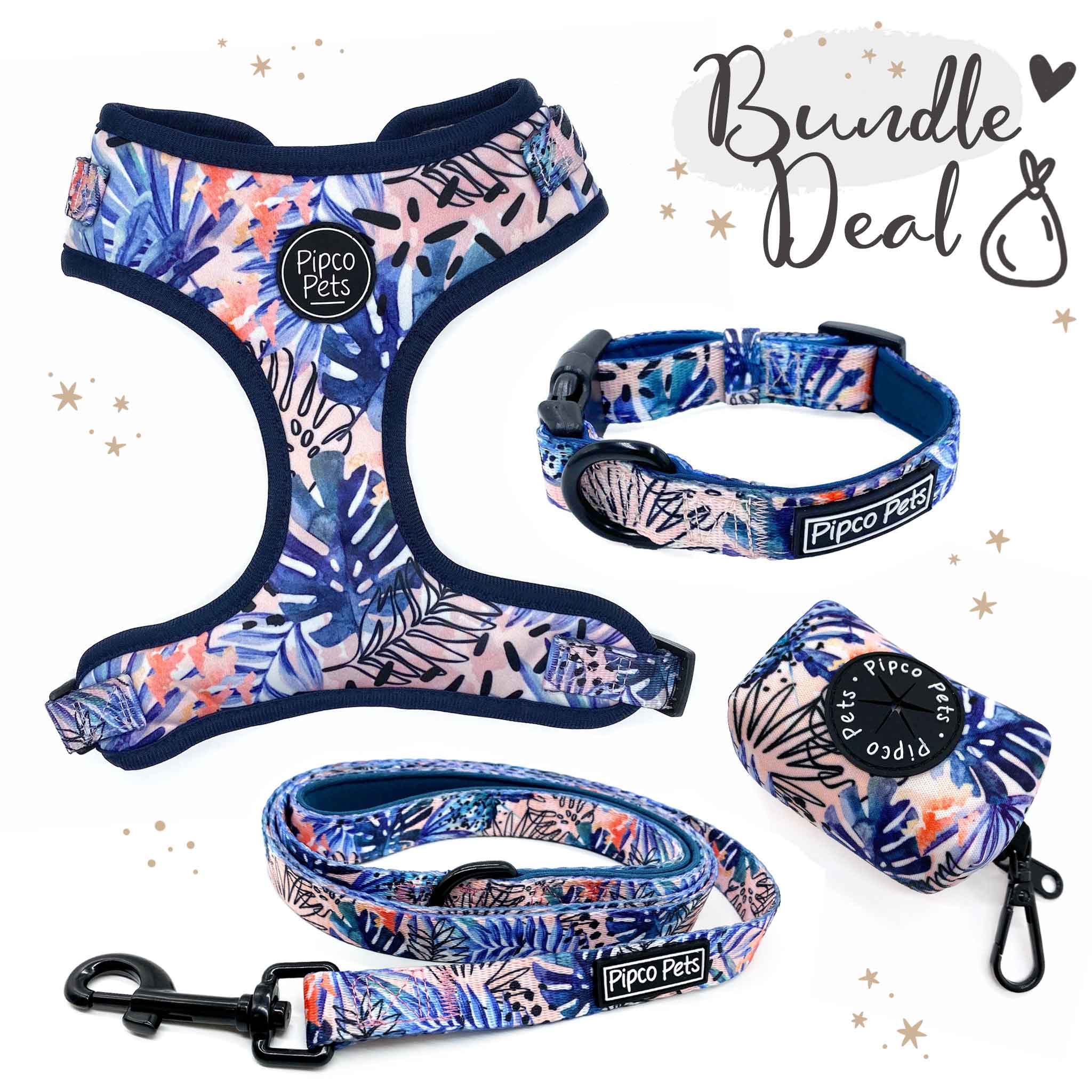 Bundle set including Pipco Pets dog harness, collar, lead, and poo bag dispenser with matching Tropic Fronds tropical leaves print pattern in blue