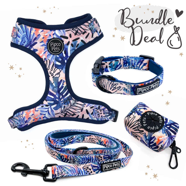 Load image into Gallery viewer, Bundle set including Pipco Pets dog harness, collar, lead, and poo bag dispenser with matching Tropic Fronds tropical leaves print pattern in blue
