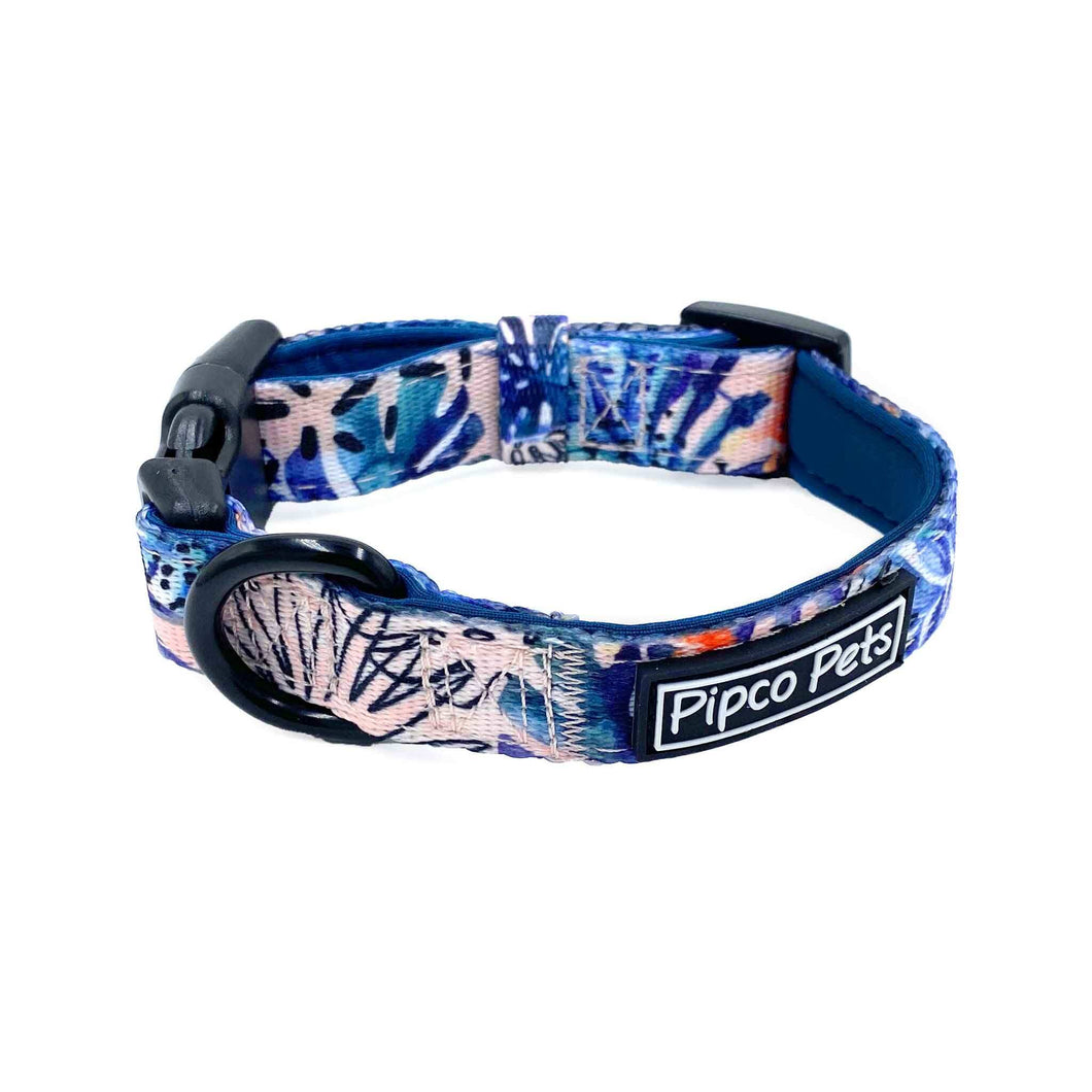 Pipco Pets dog collar with Tropic Fronds tropical leaves print pattern in blue