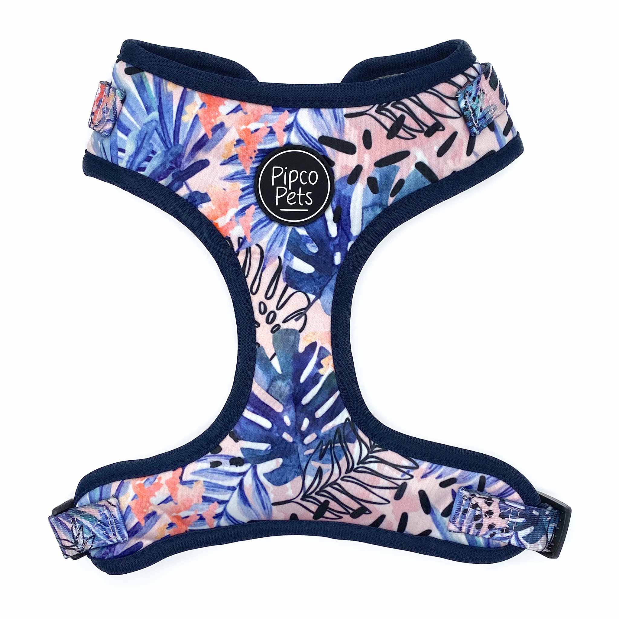 Front view of Pipco Pets adjustable dog harness with Tropic Fronds tropical leaves print pattern in blue