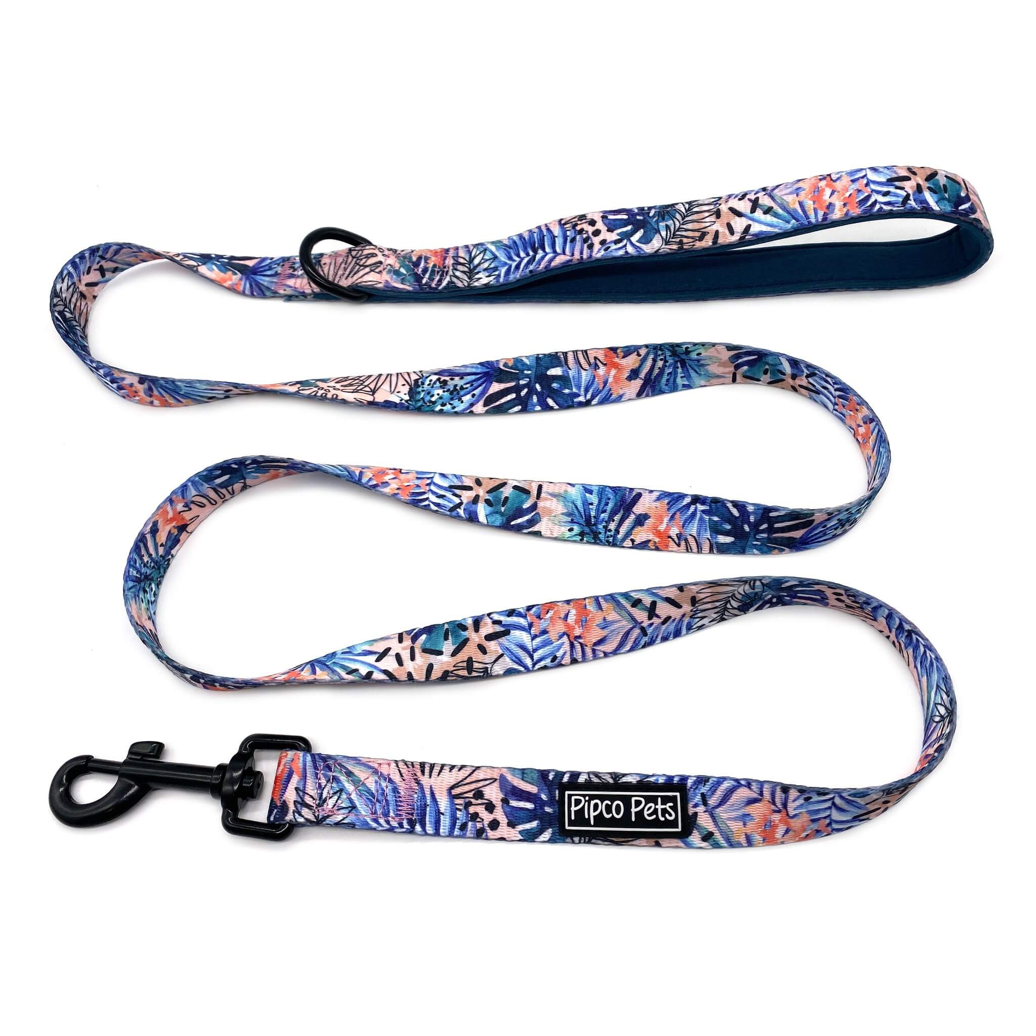 Pipco Pets dog leash  with Tropic Fronds tropical leaves print pattern in blue