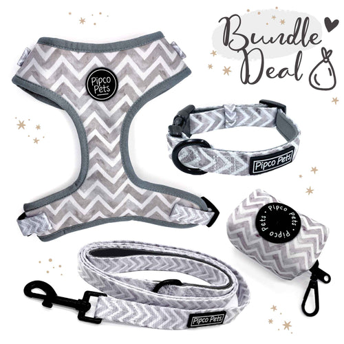 Bundle set including Pipco Pets dog harness, collar, lead, and poo bag dispenser with matching grey Zig Zags print