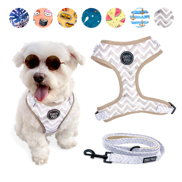 Load image into Gallery viewer, Combo set including Pipco Pets dog harness and leash with matching Zigzags print in caramel grey
