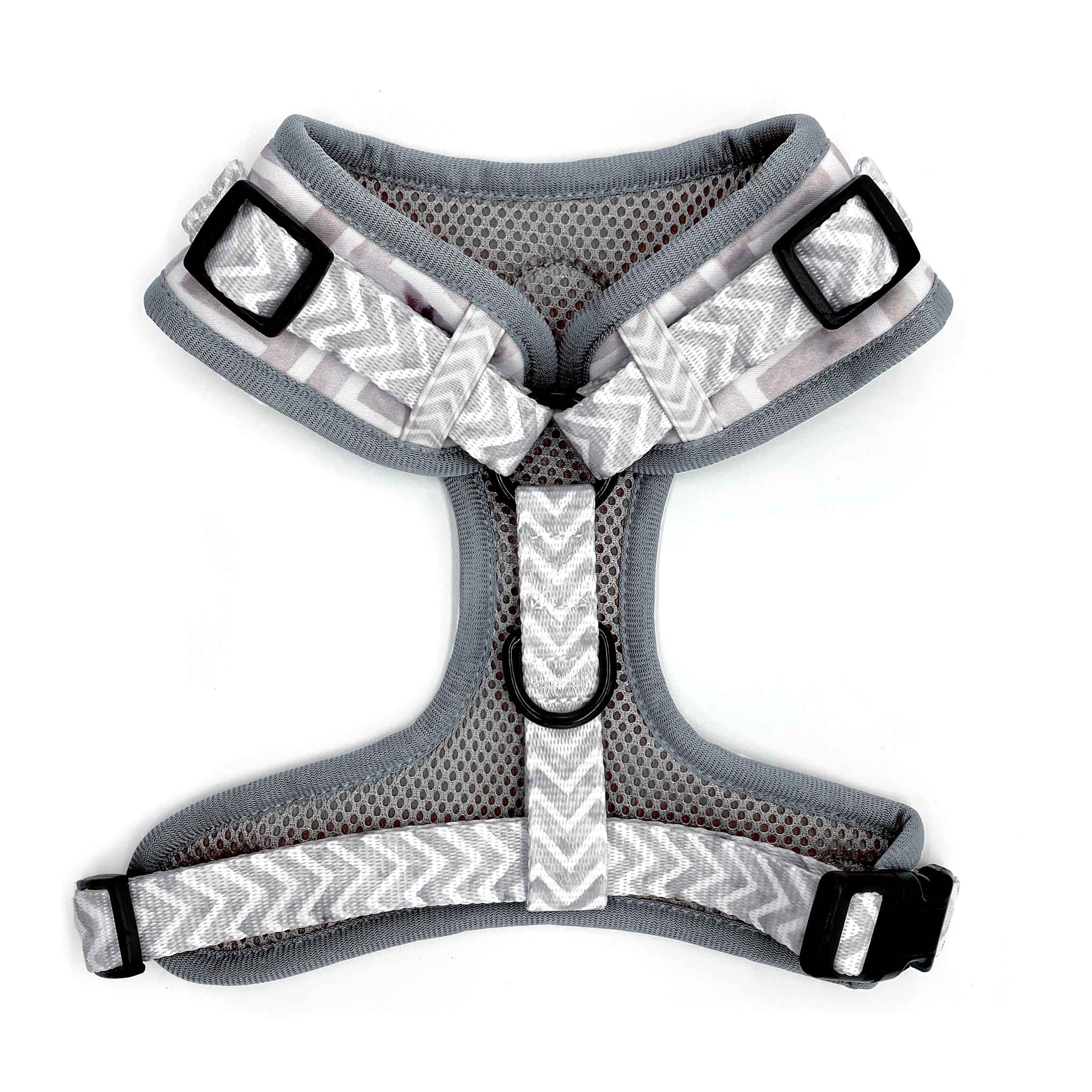 Back view of Pipco Pets adjustable dog harness with grey Zig Zags pattern