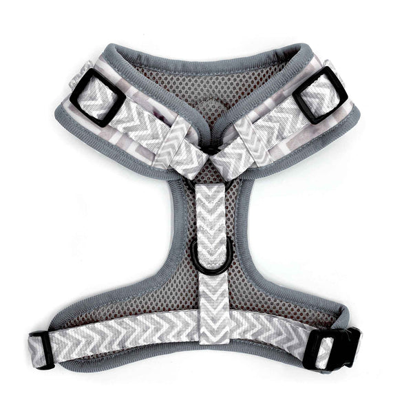 Load image into Gallery viewer, Back view of Pipco Pets adjustable dog harness with grey Zig Zags pattern
