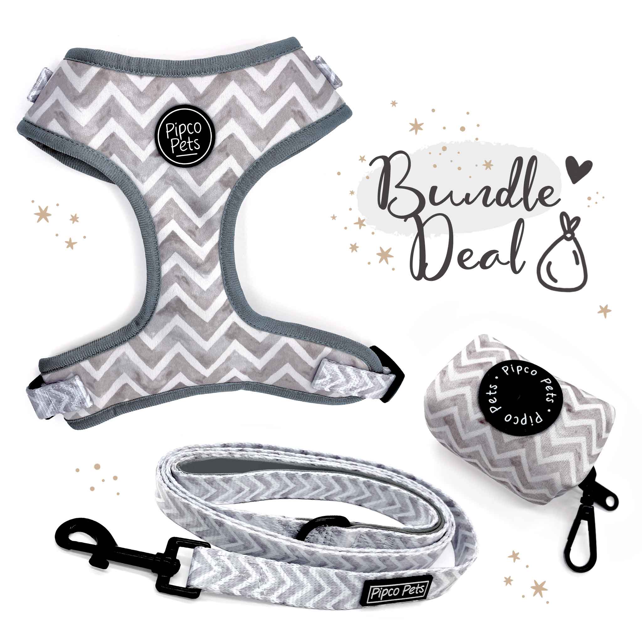 Bundle set including Pipco Pets dog harness, lead, and poo bag dispenser with matching grey Zig Zags print