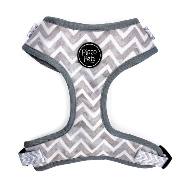 Load image into Gallery viewer, Front view of Pipco Pets adjustable dog harness with grey Zig Zags pattern
