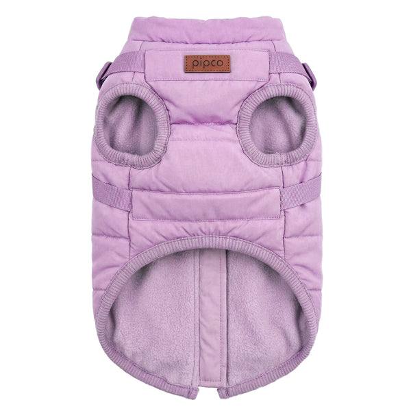 Load image into Gallery viewer, Lilac purple dog puffer jacket with built-in harness and fleece lining by Pipco Pets
