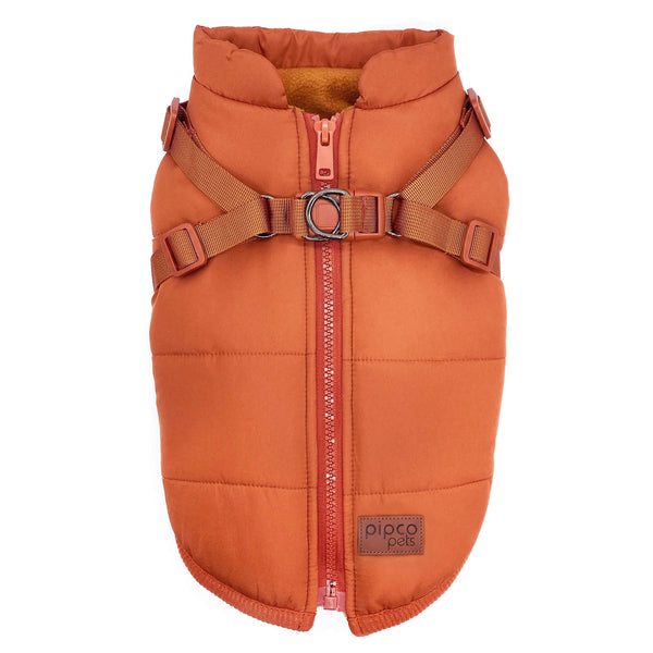 Load image into Gallery viewer, Burnt orange dog puffer jacket with built-in harness and zipper on the back by Pipco Pets

