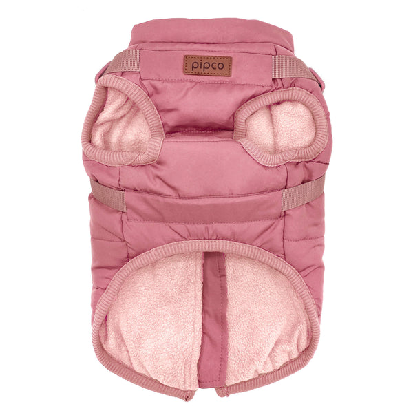 Load image into Gallery viewer, Dusty pink dog puffer jacket with built-in harness and fleece lining by Pipco Pets
