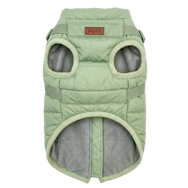 Load image into Gallery viewer, Sage green dog puffer jacket with built-in harness and fleece lining by Pipco Pets
