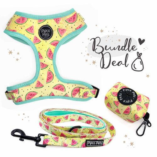Bundle set including Pipco Pets dog harness, leash, and poo bag dispenser with matching Summer Melons watermelon print in yellow