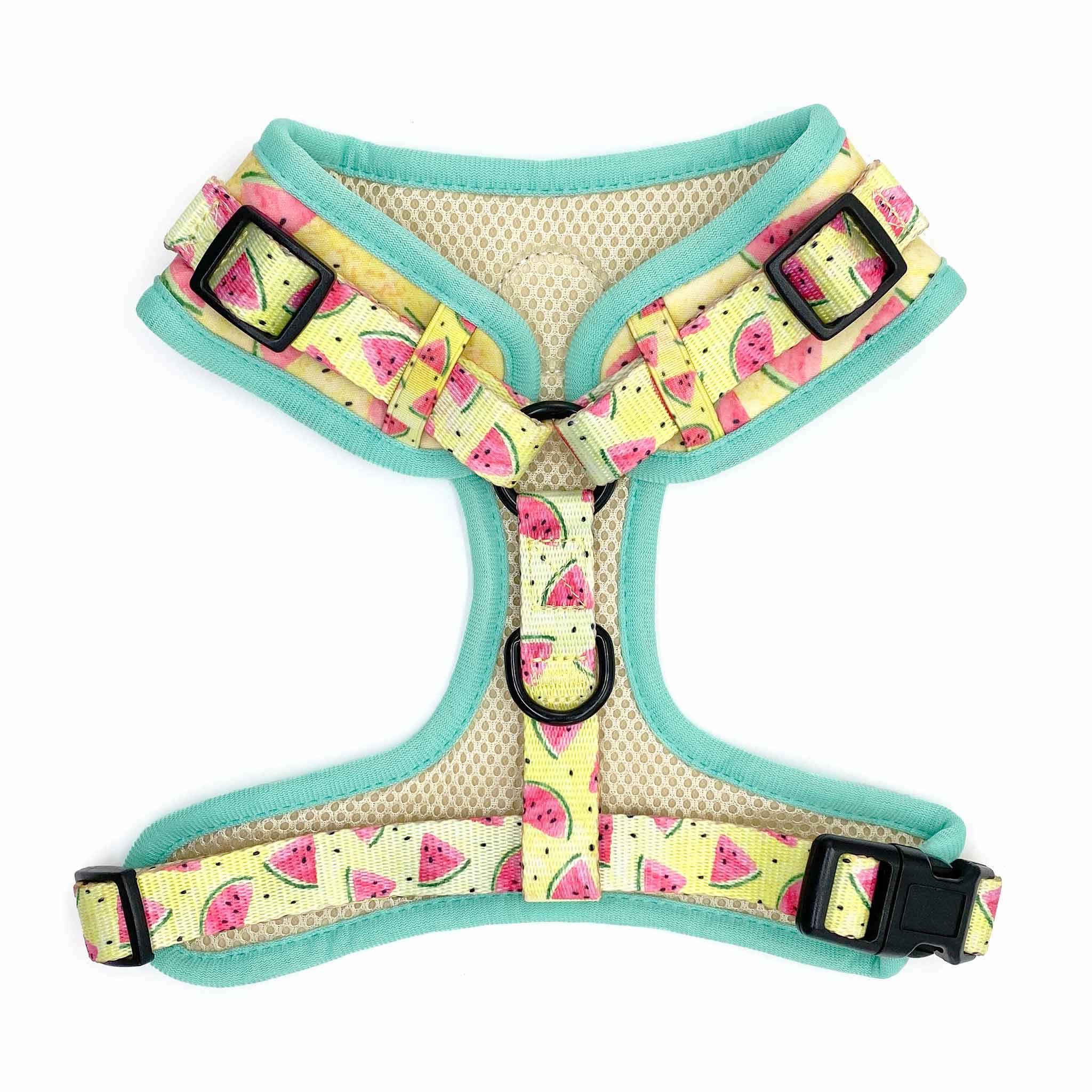 Back view of Pipco Pets adjustable dog harness with Summer Melons watermelon print pattern in yellow