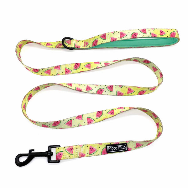 Load image into Gallery viewer, Pipco Pets dog leash with Summer Melons watermelon print pattern in yellow
