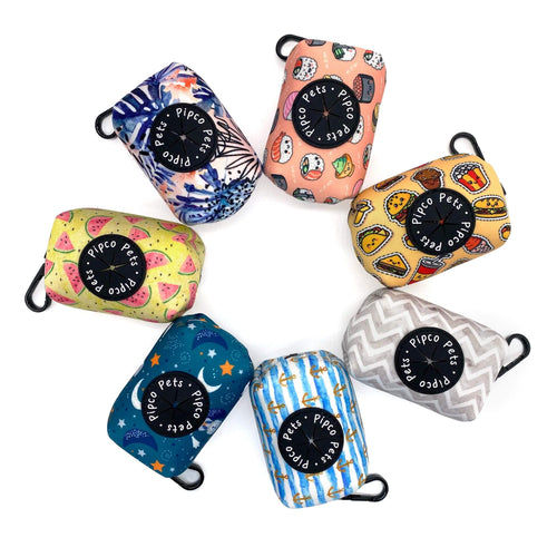 Seven Pipco Pets dog poo bag dispensers arranged in a circle showing the available colour print designs