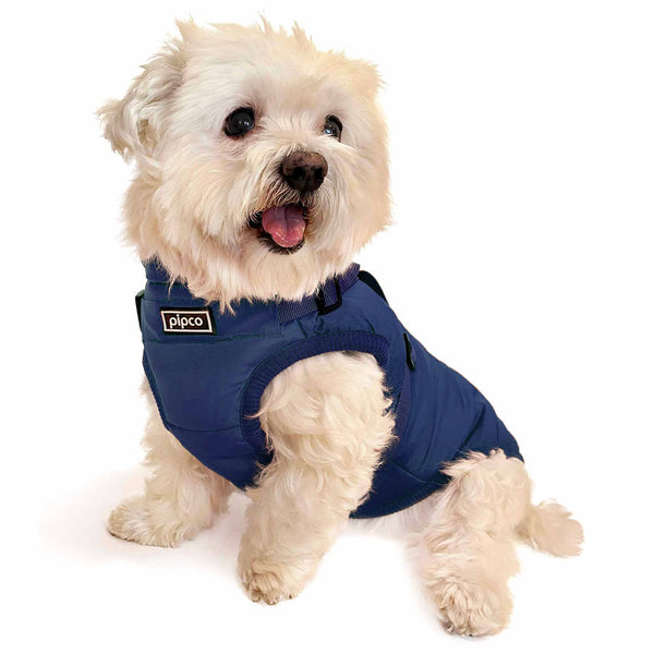 Load image into Gallery viewer, Dog wearing deep navy Pipco Puffer Jacket Australia with built-in harness
