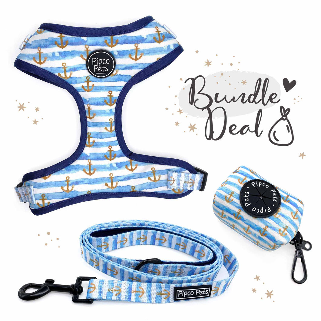 Bundle set including Pipco Pets dog harness, leash, and poo bag dispenser with matching Sailor Pup anchors print in blue