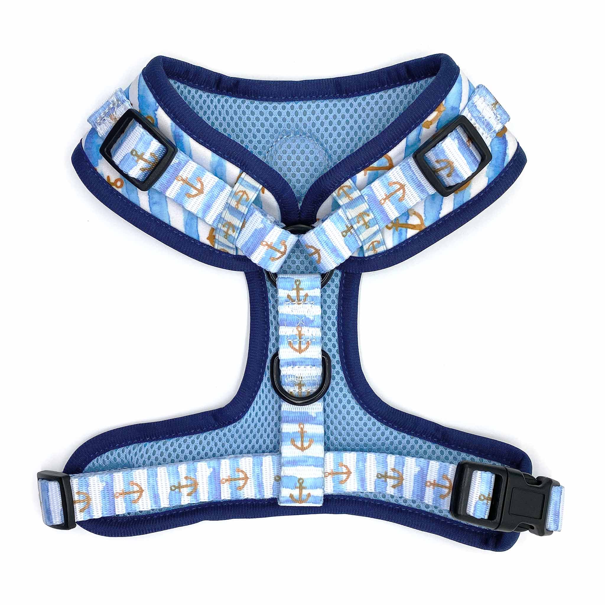 Back view of Pipco Pets adjustable dog harness with Sailor Pup anchors print pattern in blue