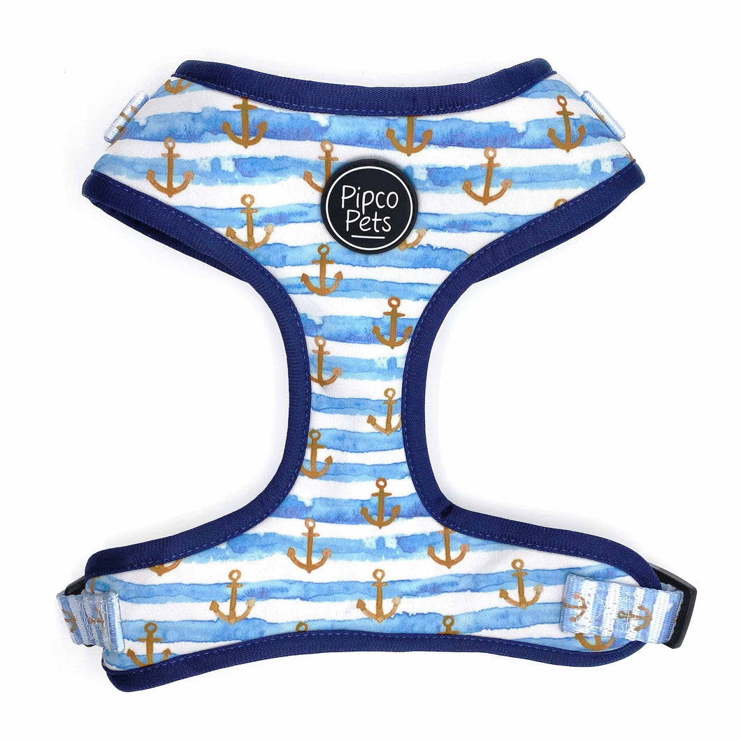 Front view of Pipco Pets adjustable dog harness with Sailor Pup anchors print pattern in blue