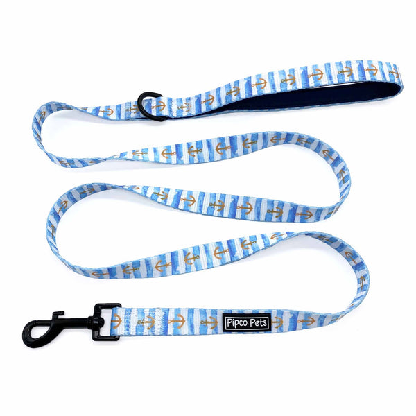 Load image into Gallery viewer, Pipco Pets dog leash with Sailor Pup anchors print pattern in blue
