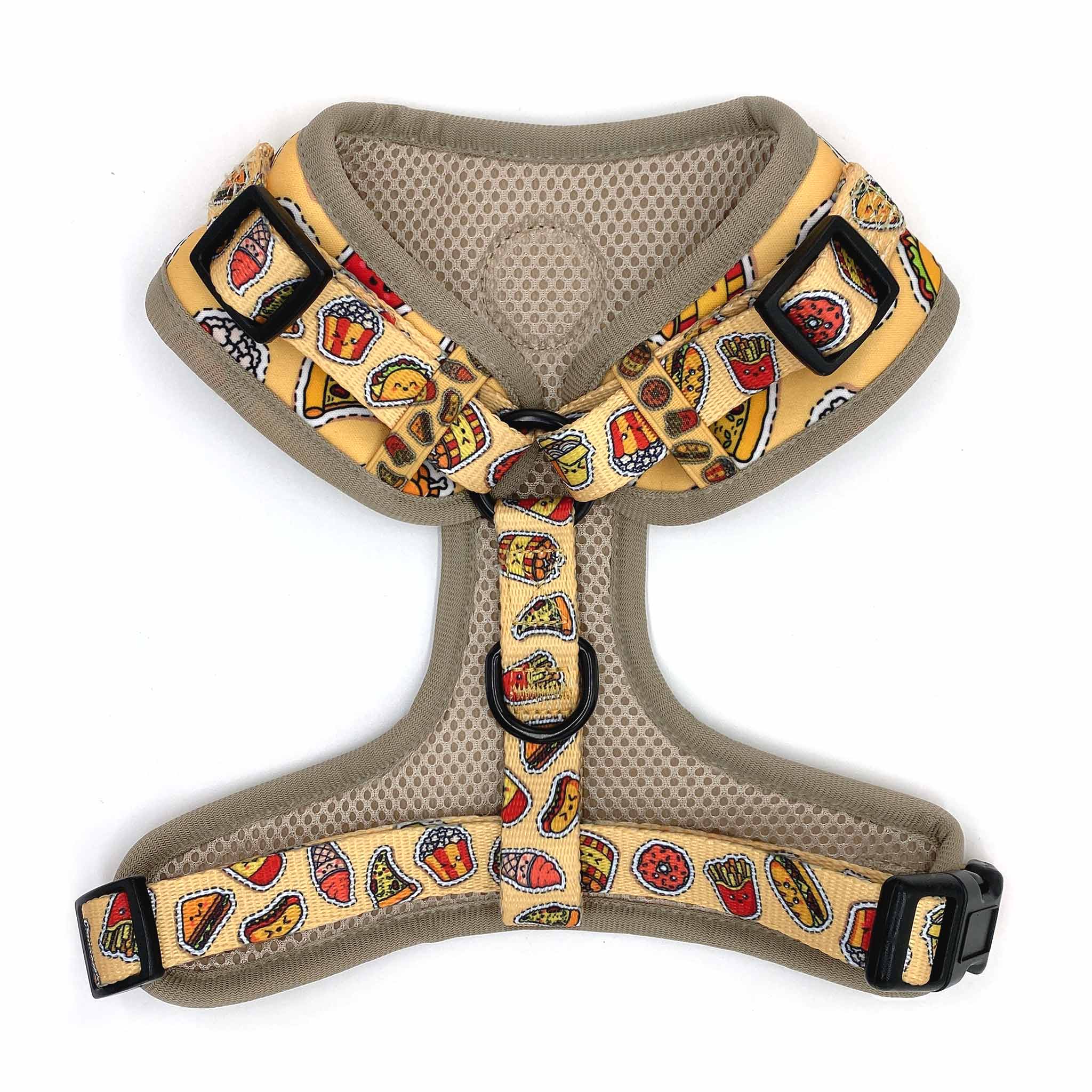Back view of Pipco Pets adjustable dog harness with Snack Pack junk food print pattern in yellow 