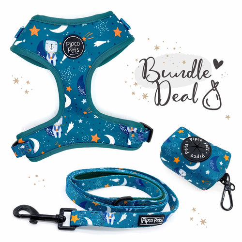 Bundle set including Pipco Pets dog harness, leash, and poo bag dispenser with matching Starry Night outer space and stars print in teal
