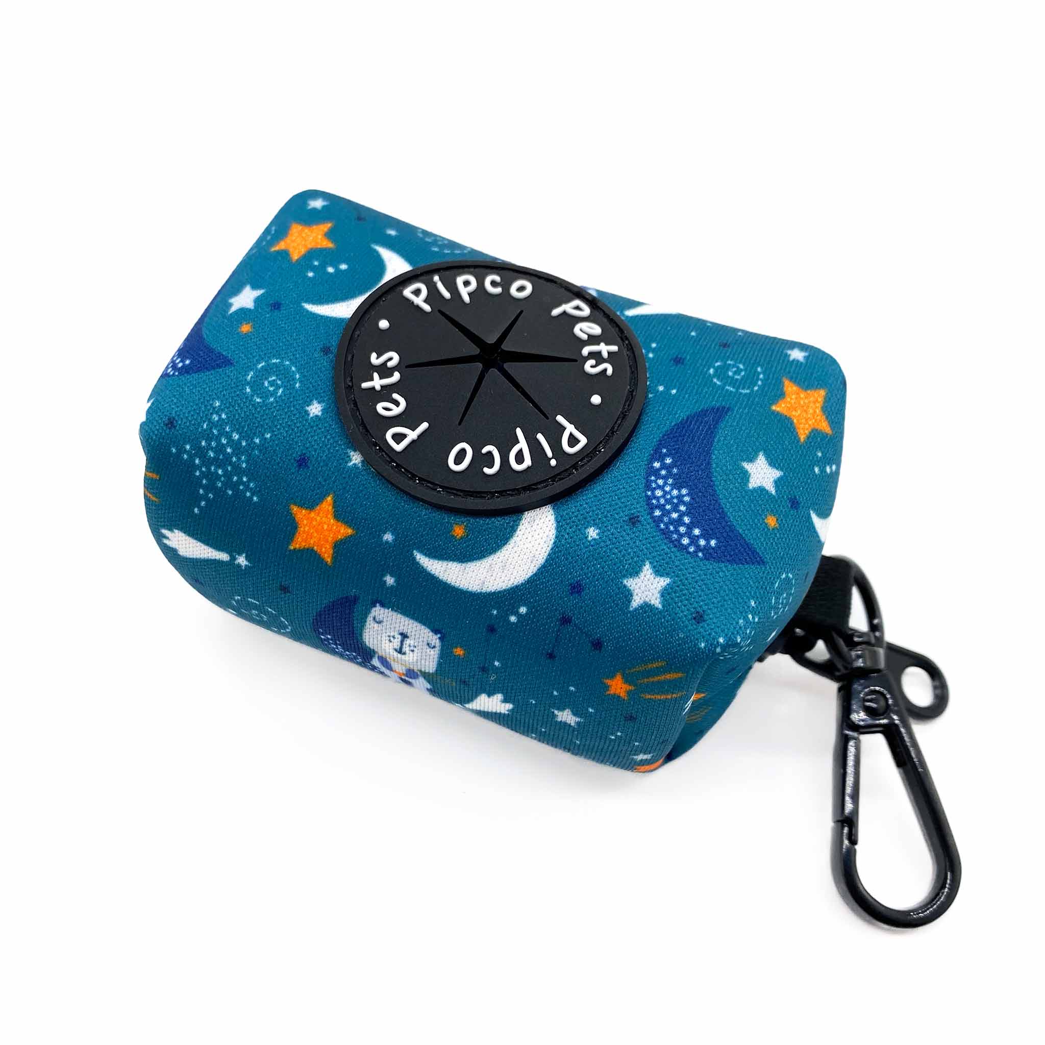 Pipco Pets dog poo bag dispenser with Starry Night outer space and stars print pattern in teal