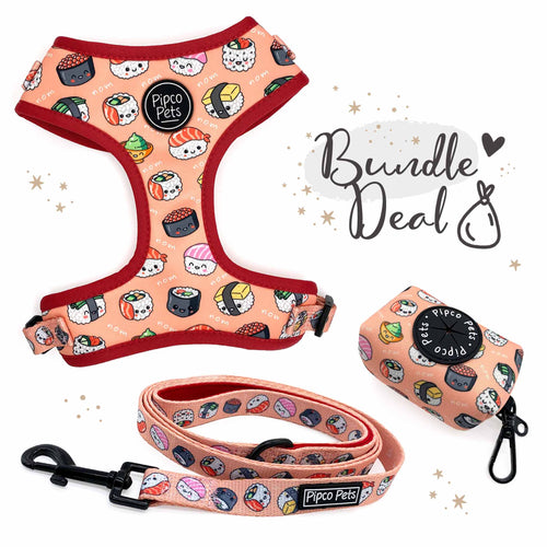 Bundle set including Pipco Pets dog harness, leash, and poo bag dispenser with matching Sushi Train print in pink