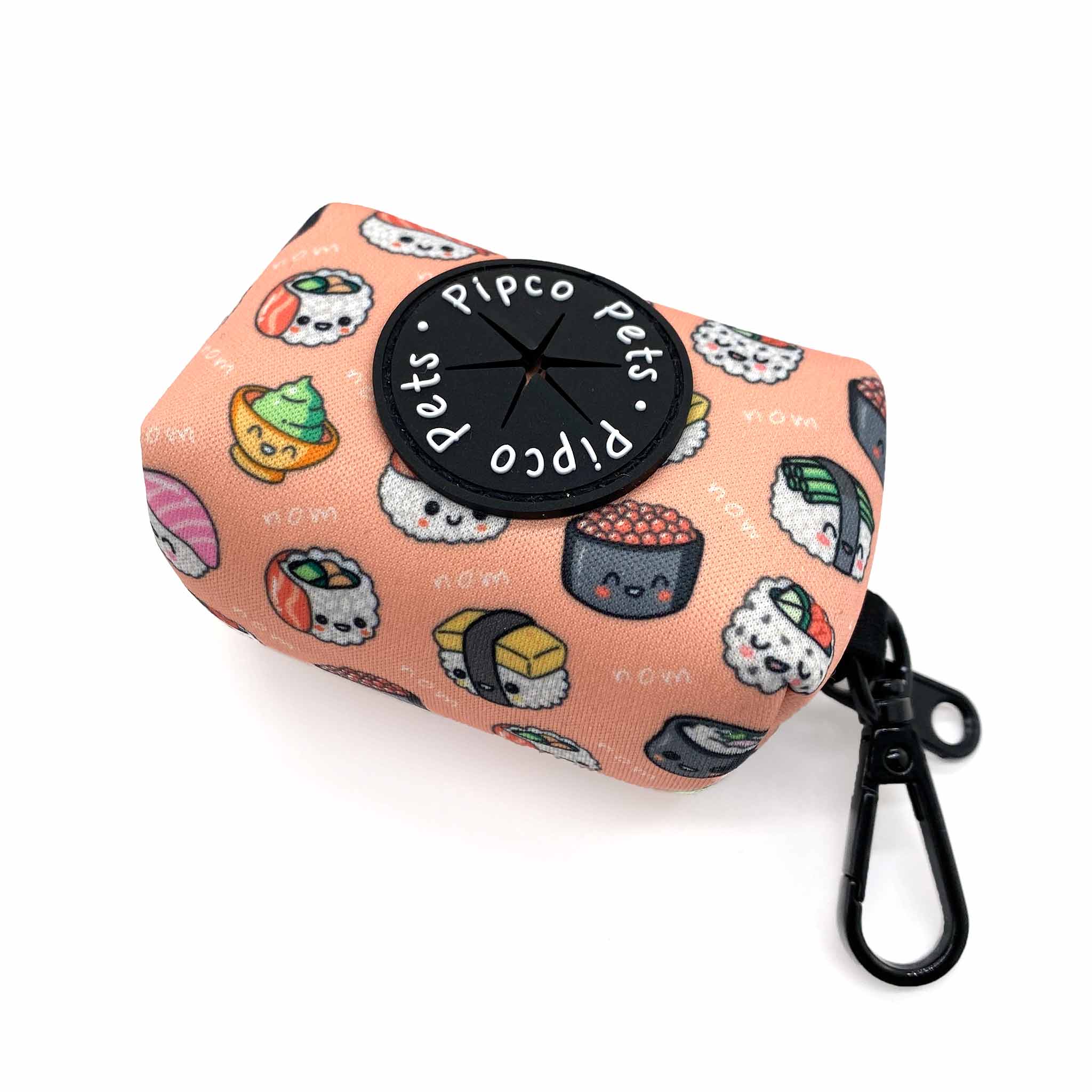 Pipco Pets dog poo bag dispenser with Sushi Train print pattern in pink 