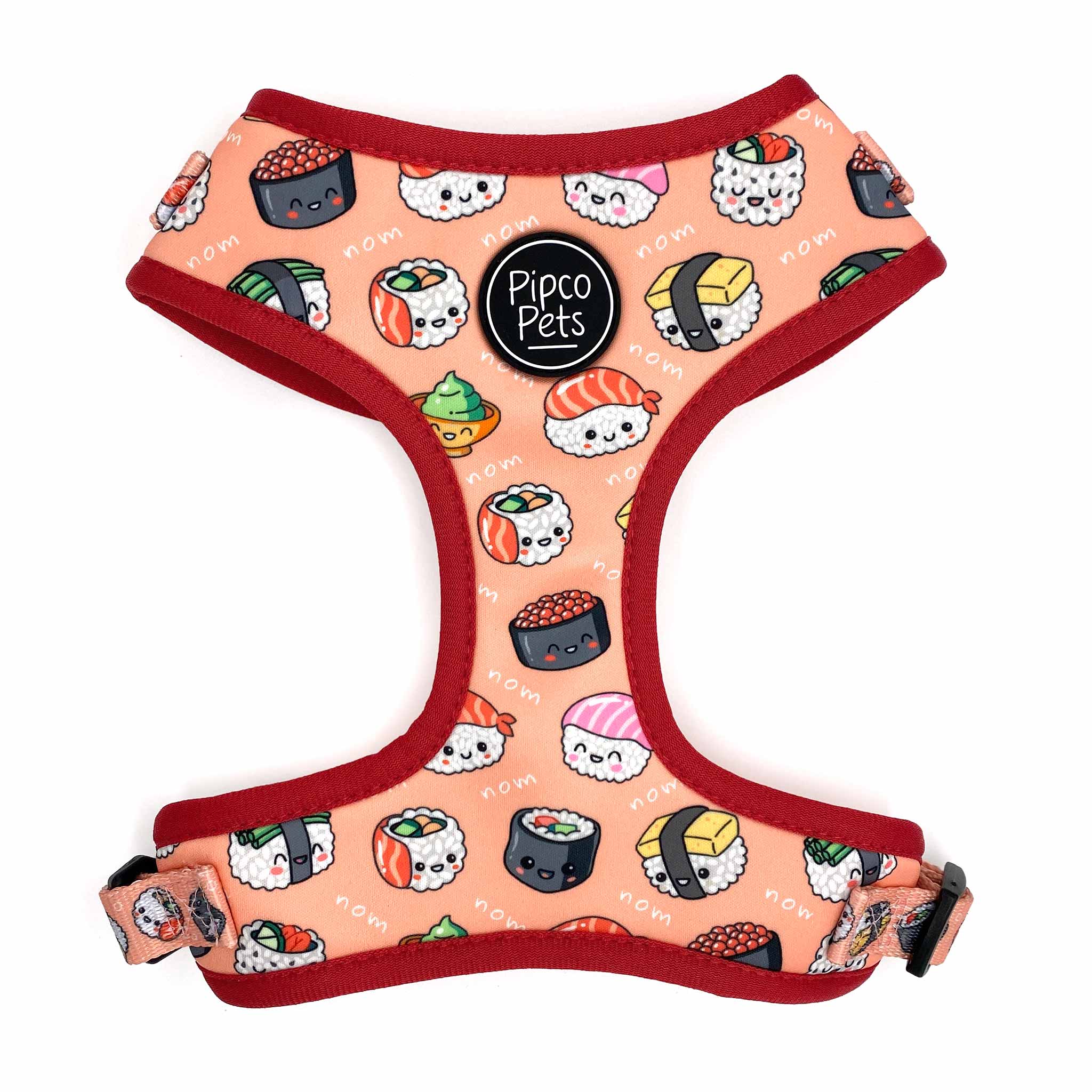 Front view of Pipco Pets adjustable dog harness with Sushi Train print pattern in pink