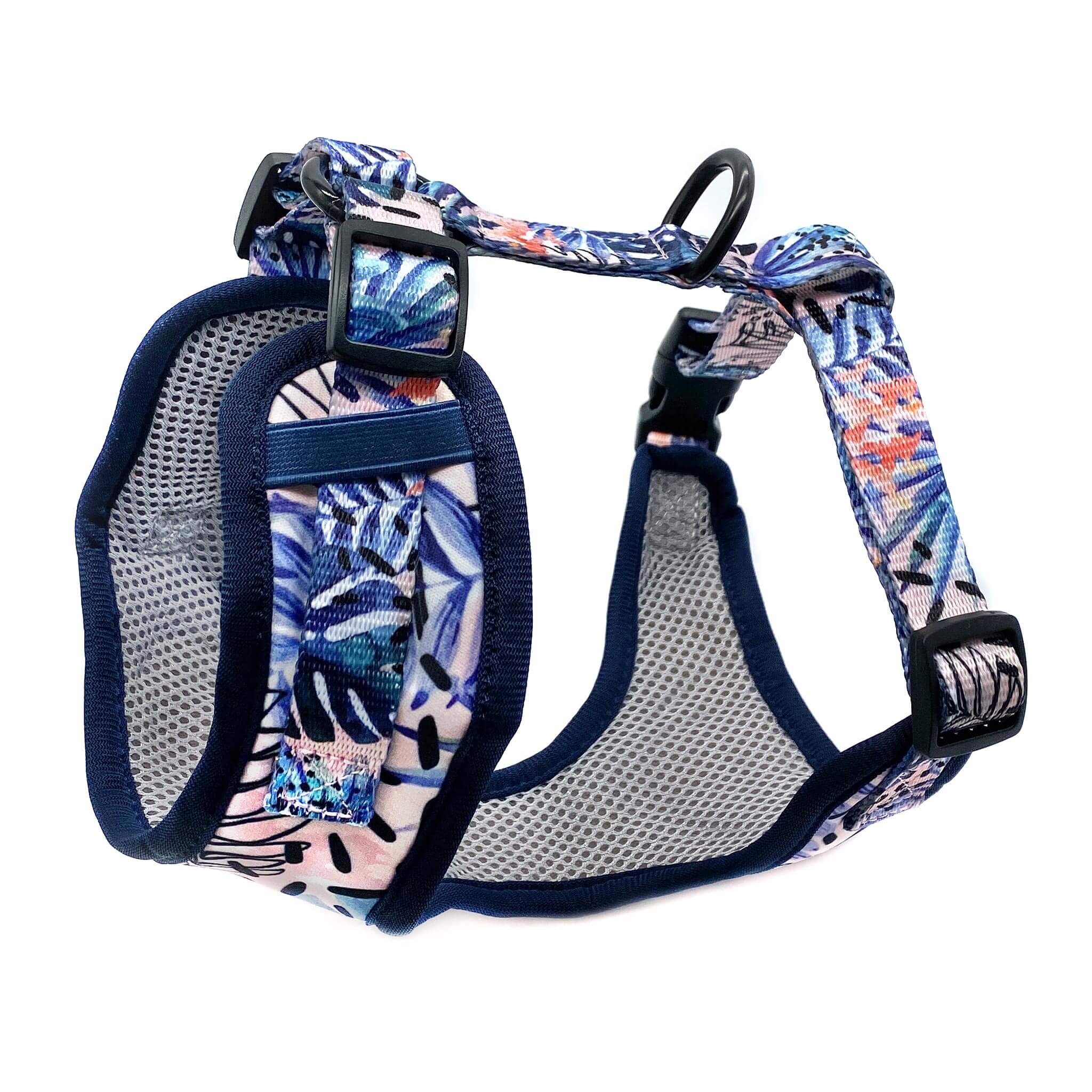 Side view of Pipco Pets adjustable dog harness with Tropic Fronds tropical leaves print pattern in blue