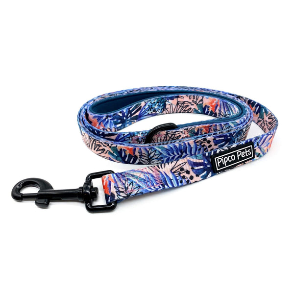Load image into Gallery viewer, Pipco Pets dog leash with Tropic Fronds tropical leaves print pattern in blue
