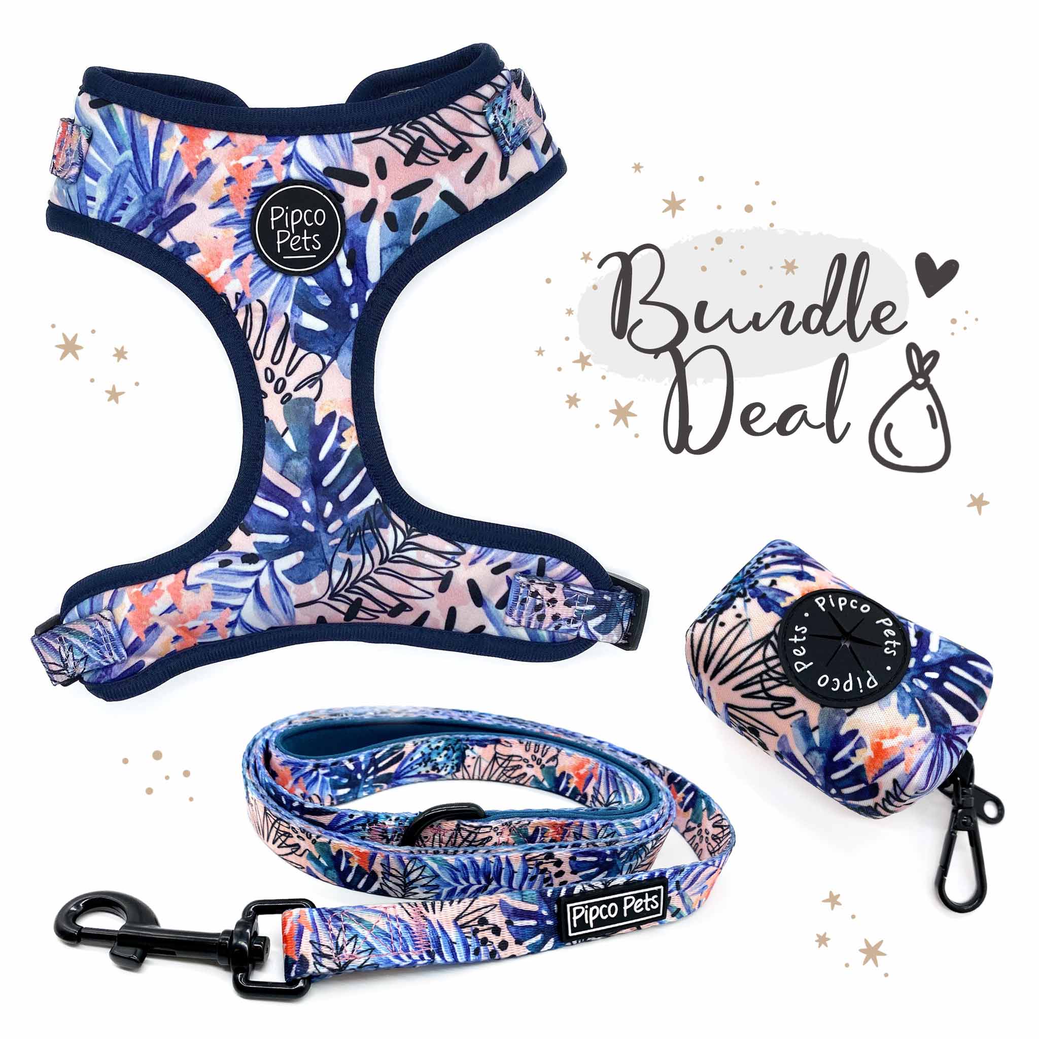 Bundle set including Pipco Pets dog harness, leash, and poo bag dispenser with matching Tropic Fronds tropical leaves print in blue